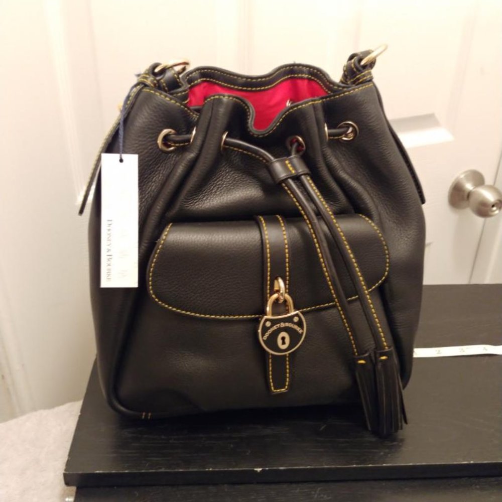 New with Tags Black Leather Dooney and Bourke Draw string Bag